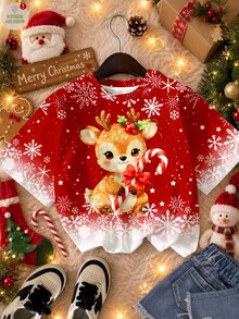 少女休閒簡約可愛趣味卡通聖誕馴鹿圖案漸層雪花紅圓領短袖T恤，適合聖誕可愛風圖案上衣 - 彩色 - 查看 3