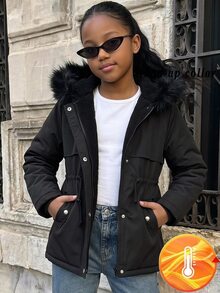 SHEIN 青少年女孩休閒街頭風梭織黑色連帽收腰派克大衣，附口袋，保暖內裡加厚外套，適合秋冬返校、戶外穿著與日常使用 - 黑色 - 查看 3
