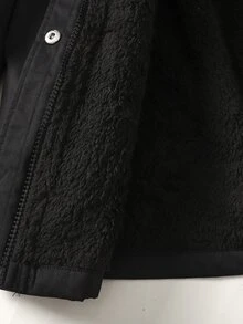 SHEIN 青少年女孩休閒街頭風梭織黑色連帽收腰派克大衣，附口袋，保暖內裡加厚外套，適合秋冬返校、戶外穿著與日常使用 - 黑色 - 查看 10