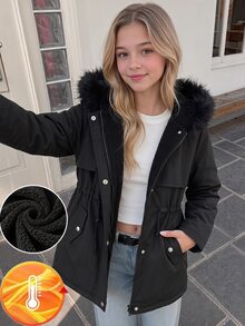 SHEIN 青少年女孩休閒街頭風梭織黑色連帽收腰派克大衣，附口袋，保暖內裡加厚外套，適合秋冬返校、戶外穿著與日常使用 - 黑色 - 查看 4