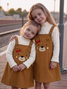 SHEIN Kids Young Girl Cartoon Bear Button Design Pinafore Dress - Multicolor - View 5