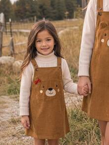 SHEIN Kids Young Girl Cartoon Bear Button Design Pinafore Dress - Multicolor - View 4