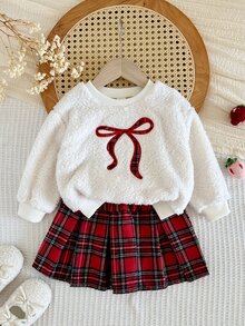 SHEIN 女嬰 2 件套 針織純色人造毛皮刺繡蝴蝶結圖案圓領衛衣與梭織格紋秋季裙，聖誕節，紅色裙 - 彩色 - 查看 6