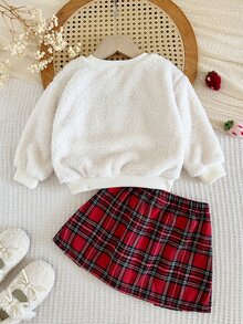 SHEIN 女嬰 2 件套 針織純色人造毛皮刺繡蝴蝶結圖案圓領衛衣與梭織格紋秋季裙，聖誕節，紅色裙 - 彩色 - 查看 2