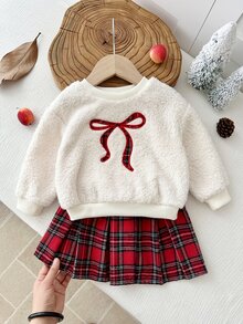 SHEIN 女嬰 2 件套 針織純色人造毛皮刺繡蝴蝶結圖案圓領衛衣與梭織格紋秋季裙，聖誕節，紅色裙 - 彩色 - 查看 5