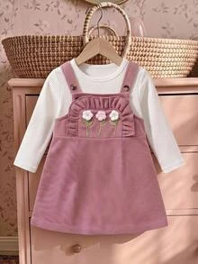 SHEIN Baby Girl Baby Girl 2pcs Set: Knitted Ribbed Crew Neck Long Sleeve Pullover Top With 3D Floral Embroidered Pattern & Corduroy Overall Dress - Multicolor - View 2