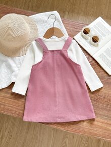 SHEIN Baby Girl Baby Girl 2pcs Set: Knitted Ribbed Crew Neck Long Sleeve Pullover Top With 3D Floral Embroidered Pattern & Corduroy Overall Dress - Multicolor - View 3