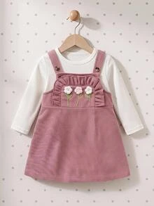 SHEIN Baby Girl Baby Girl 2pcs Set: Knitted Ribbed Crew Neck Long Sleeve Pullover Top With 3D Floral Embroidered Pattern & Corduroy Overall Dress - Multicolor - View 1
