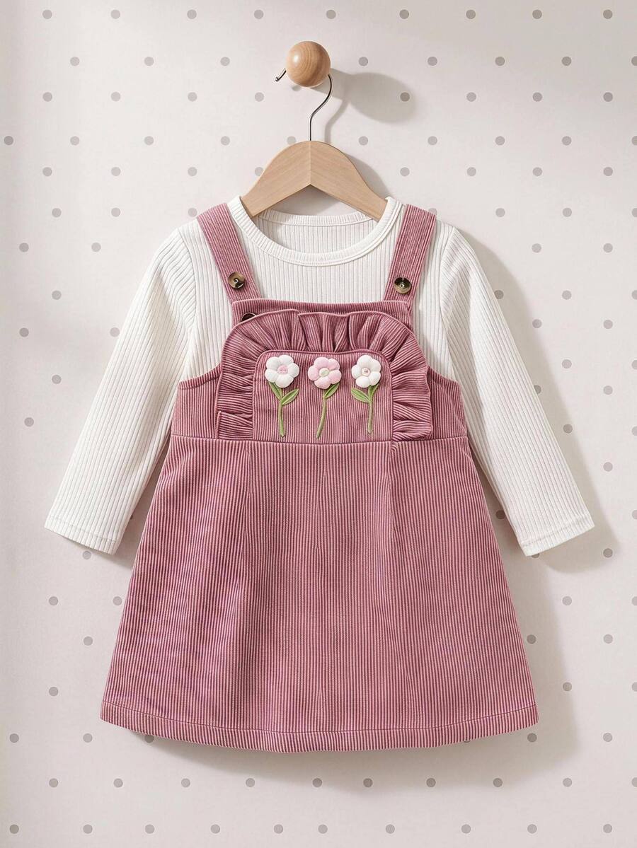 SHEIN Baby Girl Baby Girl 2pcs Set: Knitted Ribbed Crew Neck Long Sleeve Pullover Top With 3D Floral Embroidered Pattern & Corduroy Overall Dress - Multicolor - View 1