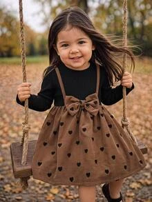 SHEIN Baby Girl Baby Girl Corduroy Heart Print Ribbed Textured Knit Pullover Sleeve Dress, Suitable For Autumn/Winter, Casual Versatile - Multicolor - View 1