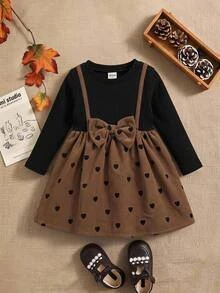 SHEIN Baby Girl Baby Girl Corduroy Heart Print Ribbed Textured Knit Pullover Sleeve Dress, Suitable For Autumn/Winter, Casual Versatile - Multicolor - View 2