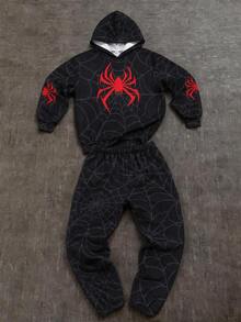 SHEIN Kids 2pcs Teen Boy Street Style Black Spider Print Hoodie And Sweatpants, Perfect For The Fall/Winter Back-To-School Season. - Multicolor - View 6
