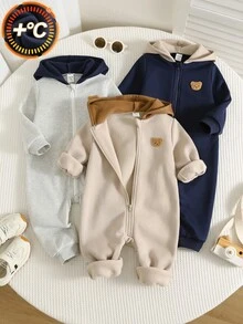 SHEIN 中性新生兒嬰兒男/女寶寶 3件組秋冬保暖內裡加厚可愛拼色連帽連身衣套裝 嬰兒冬季連身衣聖誕款 - 鏽棕色 - 查看 1