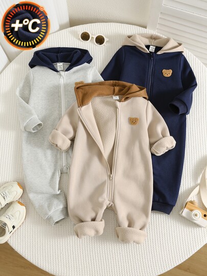 SHEIN Unisex Newborn Baby Boy/Girl, 3pcs Autumn/Winter Thermal Lined Thickened Cute Colorblock Hooded Jumpsuit Set, Baby Winter Jumpsuit, Christmas