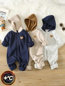 SHEIN 中性新生兒嬰兒男/女寶寶 3件組秋冬保暖內裡加厚可愛拼色連帽連身衣套裝 嬰兒冬季連身衣聖誕款 - 鏽棕色 - 查看 6