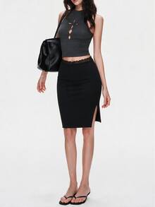 Rina Fox Women's Solid Color Lace Patchwork Side Slit Sexy Casual Elegant Skirt Date Black Autumn - Black - View 4
