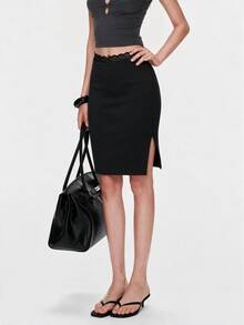 Rina Fox Women's Solid Color Lace Patchwork Side Slit Sexy Casual Elegant Skirt Date Black Autumn - Black - View 2
