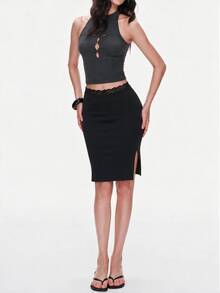 Rina Fox Women's Solid Color Lace Patchwork Side Slit Sexy Casual Elegant Skirt Date Black Autumn - Black - View 5