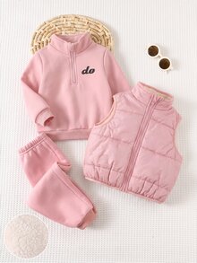 SHEIN 女嬰純色前開拉鍊冬季背心、圓領長袖運動衫與運動長褲休閒套裝 - 粉色 - 查看 9