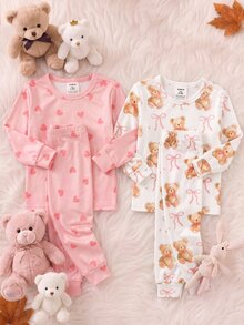 SHEIN 女嬰可愛針織卡通圖案修身長袖居家服套裝 - 粉色 - 查看 3