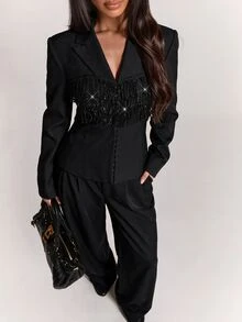 SHEIN BAE Women's Shiny Casual Versatile Commute & Travel Blazer,Social ,Festival Outfits For Women - Black - View 6