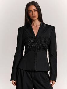 SHEIN BAE Women's Shiny Casual Versatile Commute & Travel Blazer,Social ,Festival Outfits For Women - Black - View 4