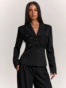 SHEIN BAE Women's Shiny Casual Versatile Commute & Travel Blazer,Social ,Festival Outfits For Women - Black - View 5