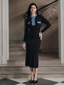 Anewsta Women's Autumn/Winter Denim Patchwork Button Decor Cinched Waist Commuter Knit Dress - Black - View 5