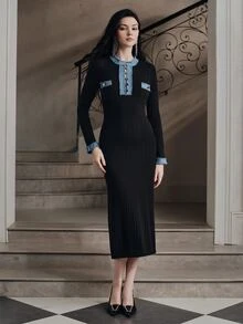 Anewsta Women's Autumn/Winter Denim Patchwork Button Decor Cinched Waist Commuter Knit Dress - Black - View 4