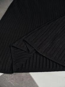 Anewsta Women's Autumn/Winter Denim Patchwork Button Decor Cinched Waist Commuter Knit Dress - Black - View 8