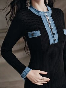Anewsta Women's Autumn/Winter Denim Patchwork Button Decor Cinched Waist Commuter Knit Dress - Black - View 1