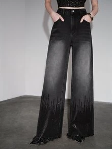 Anewsta Women's New Fashion Heavy Embroidery Tassel Sequin Black Straight Leg Pants - Black - View 6