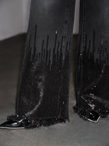 Anewsta Women's New Fashion Heavy Embroidery Tassel Sequin Black Straight Leg Pants - Black - View 5