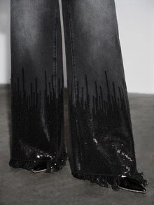 Anewsta Women's New Fashion Heavy Embroidery Tassel Sequin Black Straight Leg Pants - Black - View 1