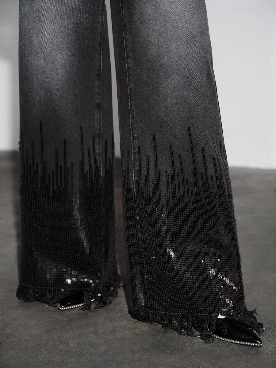 Anewsta Women's New Fashion Heavy Embroidery Tassel Sequin Black Straight Leg Pants - Black - View 1