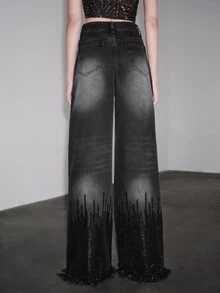 Anewsta Women's New Fashion Heavy Embroidery Tassel Sequin Black Straight Leg Pants - Black - View 7