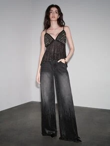 Anewsta Women's New Fashion Heavy Embroidery Tassel Sequin Black Straight Leg Pants - Black - View 3