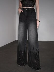 Anewsta Women's New Fashion Heavy Embroidery Tassel Sequin Black Straight Leg Pants - Black - View 4