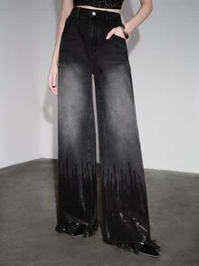 Anewsta Women's New Fashion Heavy Embroidery Tassel Sequin Black Straight Leg Pants - Black - View 2