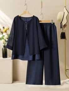 Lacomfia Elegant Solid Color Chiffon Loose Round Neck 3/4 Sleeve Blouse And Elastic Waist Pants 2 Pieces Set, Plus Size, Spring/Summer Fall - Navy Blue - View 3