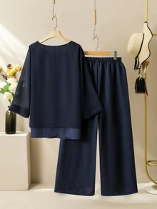Lacomfia Elegant Solid Color Chiffon Loose Round Neck 3/4 Sleeve Blouse And Elastic Waist Pants 2 Pieces Set, Plus Size, Spring/Summer Fall - Navy Blue - View 2