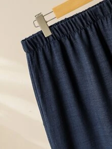 Lacomfia Elegant Solid Color Chiffon Loose Round Neck 3/4 Sleeve Blouse And Elastic Waist Pants 2 Pieces Set, Plus Size, Spring/Summer Fall - Navy Blue - View 4