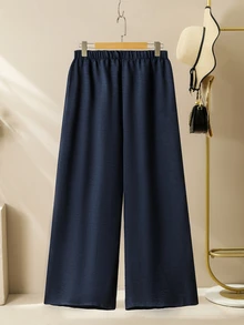 Lacomfia Elegant Solid Color Chiffon Loose Round Neck 3/4 Sleeve Blouse And Elastic Waist Pants 2 Pieces Set, Plus Size, Spring/Summer Fall - Navy Blue - View 5