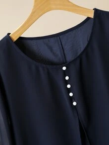 Lacomfia Elegant Solid Color Chiffon Loose Round Neck 3/4 Sleeve Blouse And Elastic Waist Pants 2 Pieces Set, Plus Size, Spring/Summer Fall - Navy Blue - View 8