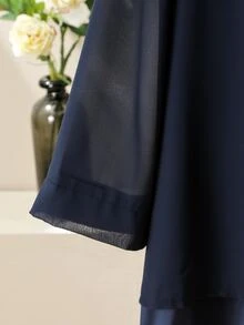 Lacomfia Elegant Solid Color Chiffon Loose Round Neck 3/4 Sleeve Blouse And Elastic Waist Pants 2 Pieces Set, Plus Size, Spring/Summer Fall - Navy Blue - View 6