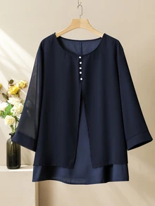 Lacomfia Elegant Solid Color Chiffon Loose Round Neck 3/4 Sleeve Blouse And Elastic Waist Pants 2 Pieces Set, Plus Size, Spring/Summer Fall - Navy Blue - View 7