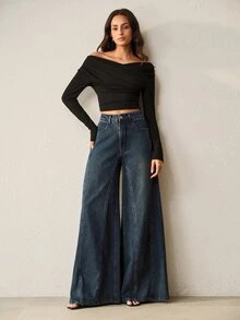 Anewsta Women's Spring/Summer Fashion Patchwork Blue Mother's Day Wide Leg Jeans - Blue - View 5