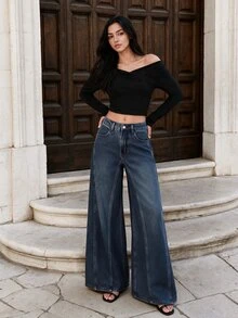 Anewsta Women's Spring/Summer Fashion Patchwork Blue Mother's Day Wide Leg Jeans - Blue - View 2