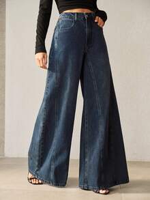 Anewsta Women's Spring/Summer Fashion Patchwork Blue Mother's Day Wide Leg Jeans - Blue - View 4