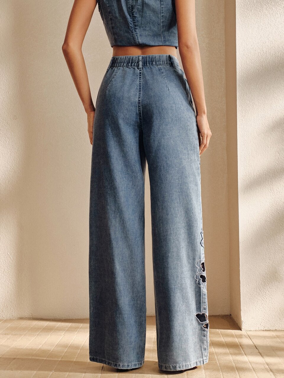 Anewsta Women's Sexy Hollow-Out Embroidered Mother's Day Blue Straight-Leg Jeans
